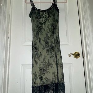 Green with black lace knee high slip dress